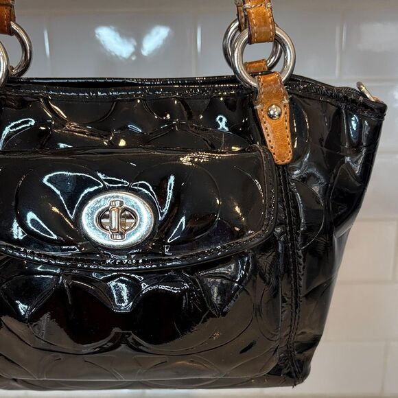 Coach Bag Purse Handbag Leather Leah Signature Embossed Patent Mini Tote Bag - Picture 4 of 16